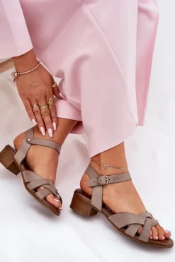 Zazoo Skórzane Sandały Na Delikatnym Obcasie 40372 Ciemnobeżowe Beżowy