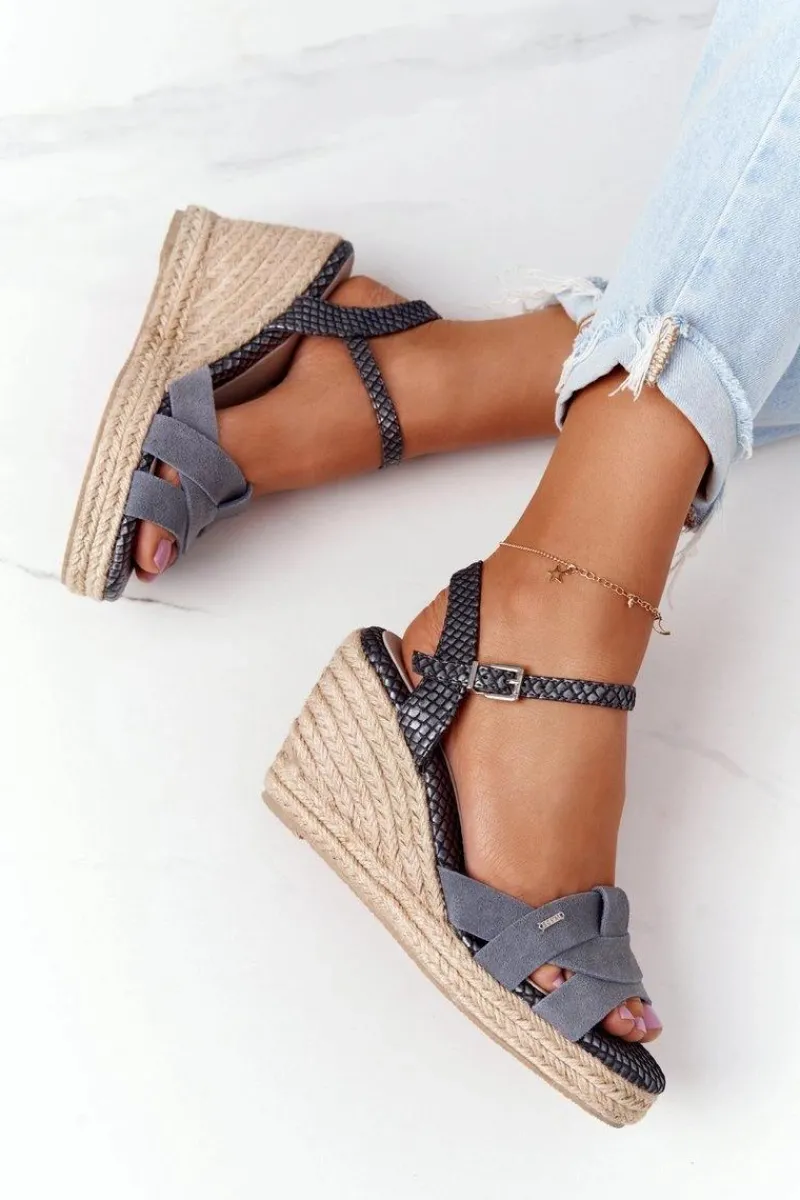 New Skórzane Sandały Na Koturnie Big Star HH274378 Srebrne Damskie Sandały Big Star|Sandały Na Koturnie