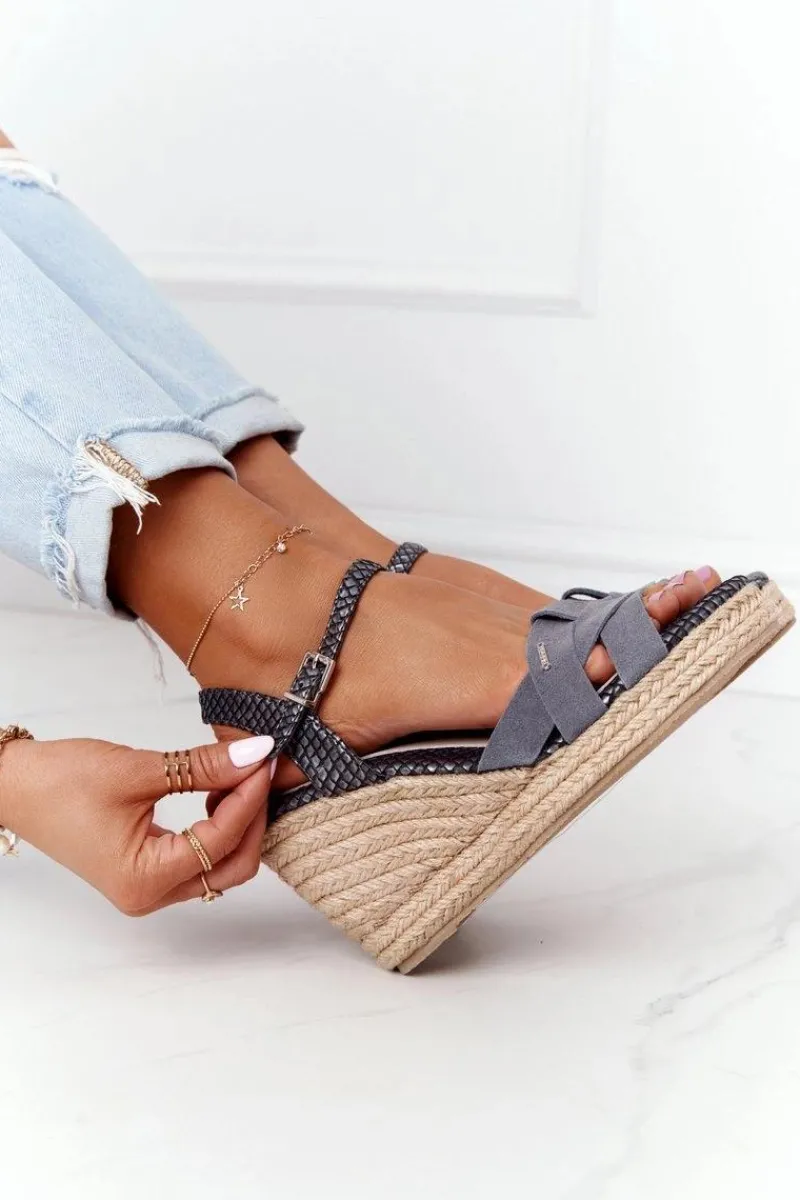 New Skórzane Sandały Na Koturnie Big Star HH274378 Srebrne Damskie Sandały Big Star|Sandały Na Koturnie