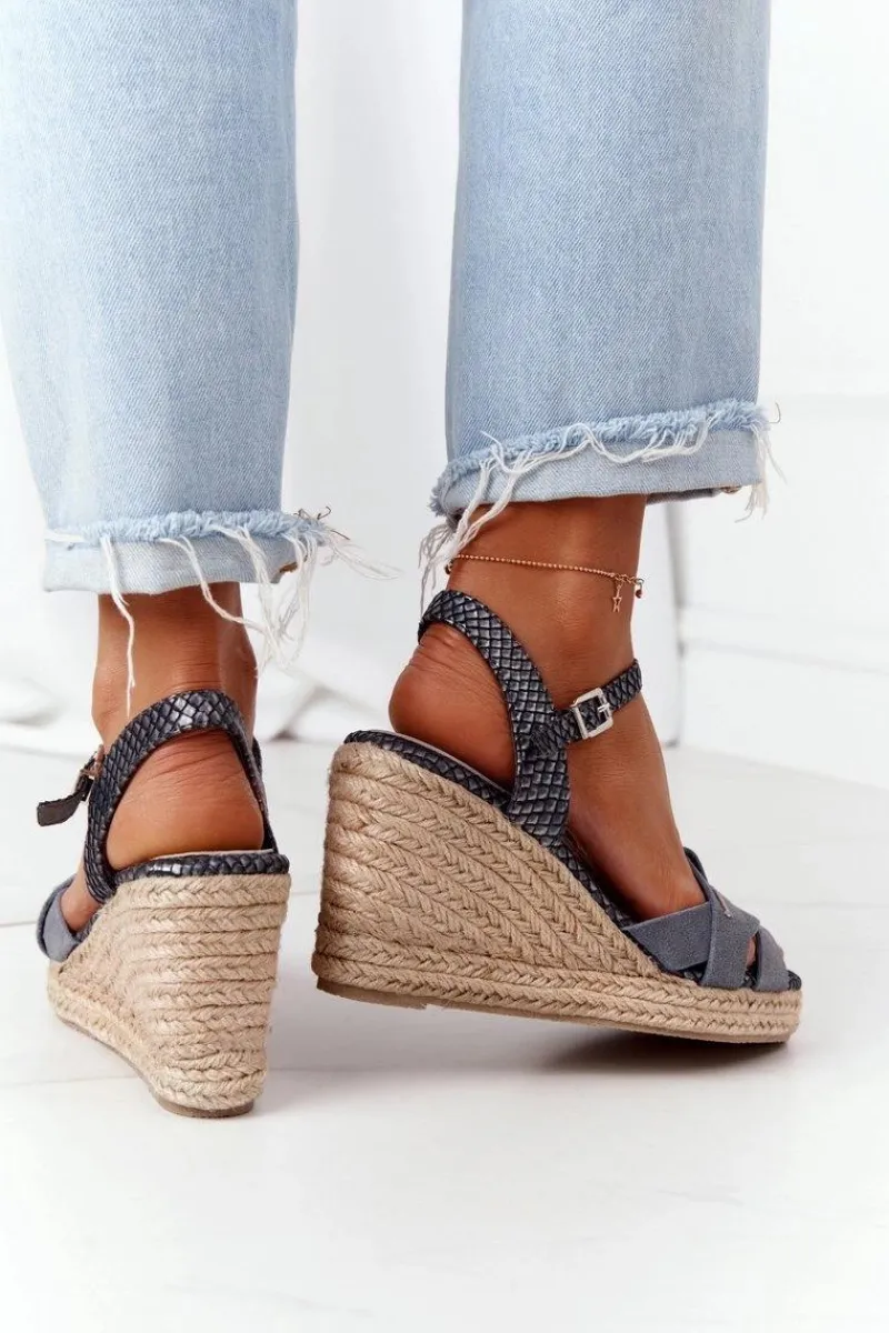 New Skórzane Sandały Na Koturnie Big Star HH274378 Srebrne Damskie Sandały Big Star|Sandały Na Koturnie