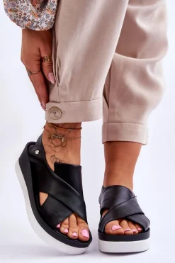 Sandały Na Obcasie|Sandały Na Koturnie>Zazoo Skórzane Sandały Na Koturnie Czarne Morgan