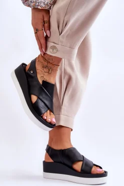 Sandały Na Obcasie|Sandały Na Koturnie>Zazoo Skórzane Sandały Na Koturnie Czarne Morgan