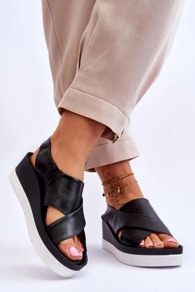 Sandały Na Obcasie|Sandały Na Koturnie>Zazoo Skórzane Sandały Na Koturnie Czarne Morgan