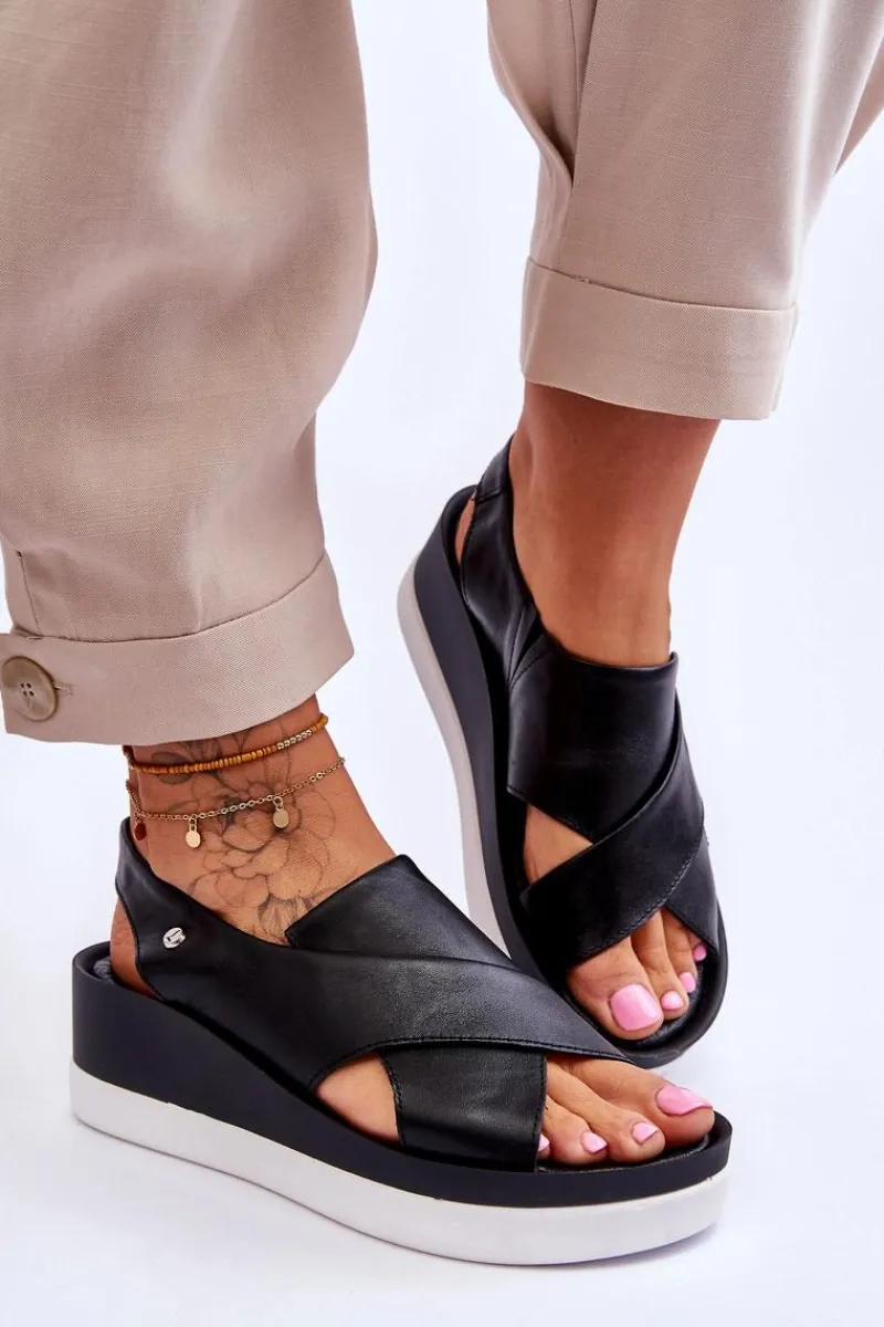 Sandały Na Obcasie|Sandały Na Koturnie>Zazoo Skórzane Sandały Na Koturnie Czarne Morgan