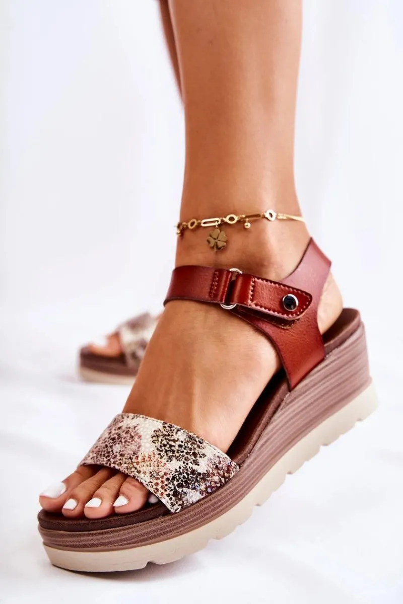 Sandały Na Koturnie>Damskie buty S.Barski Skórzane Sandały Na Koturnie Brązowe Josella