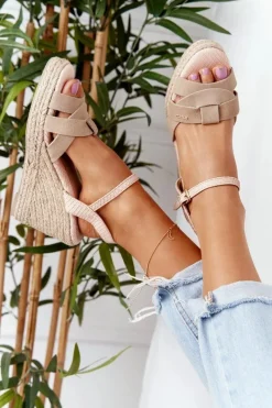 Sale Big Star Shoes Skórzane Sandały Na Koturnie Big Star HH274380 Beżowe