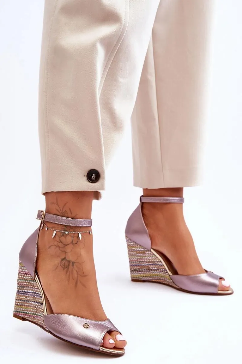 Online Laura Messi Skórzane Sandały Na Koturnie 2603/783 Srebrne