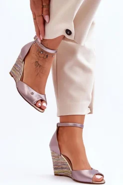 Online Laura Messi Skórzane Sandały Na Koturnie 2603/783 Srebrne