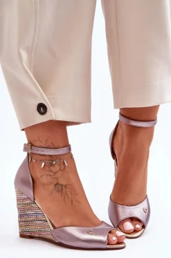 Online Laura Messi Skórzane Sandały Na Koturnie 2603/783 Srebrne