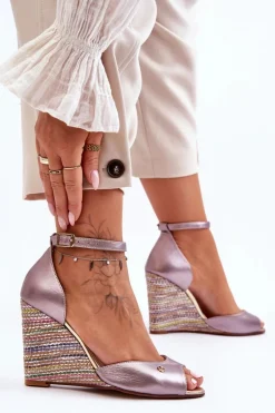 Online Laura Messi Skórzane Sandały Na Koturnie 2603/783 Srebrne