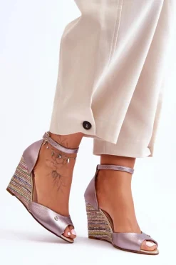 Online Laura Messi Skórzane Sandały Na Koturnie 2603/783 Srebrne