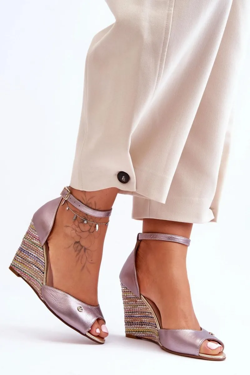 Online Laura Messi Skórzane Sandały Na Koturnie 2603/783 Srebrne