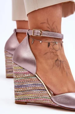 Online Laura Messi Skórzane Sandały Na Koturnie 2603/783 Srebrne