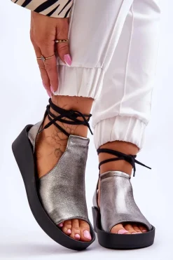 Sandały Na Obcasie|Sandały Na Koturnie>Zazoo Skórzane Sandały Na Koturnie Nicole 2743/063 Srebrno-Czarne