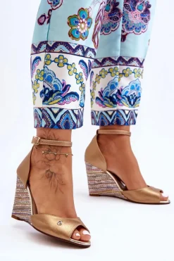 Skórzane Sandały Na Koturnie 2603/784 Złote Damskie Sandały Na Obcasie|Sandały Na Koturnie