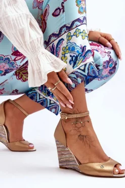 Skórzane Sandały Na Koturnie 2603/784 Złote Damskie Sandały Na Obcasie|Sandały Na Koturnie