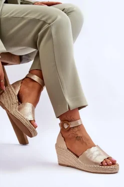 Clearance Skórzane Sandały Na Koturnie Comfort Shoe Złote Verola Damskie Sandały Na Obcasie|Sandały Na Koturnie