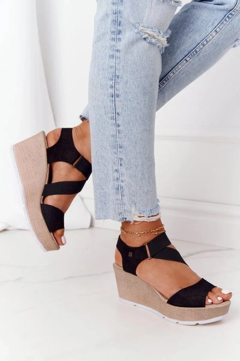 Clearance Big Star Shoes Skórzane Sandały Na Koturnie Big Star FF276016 Czarne