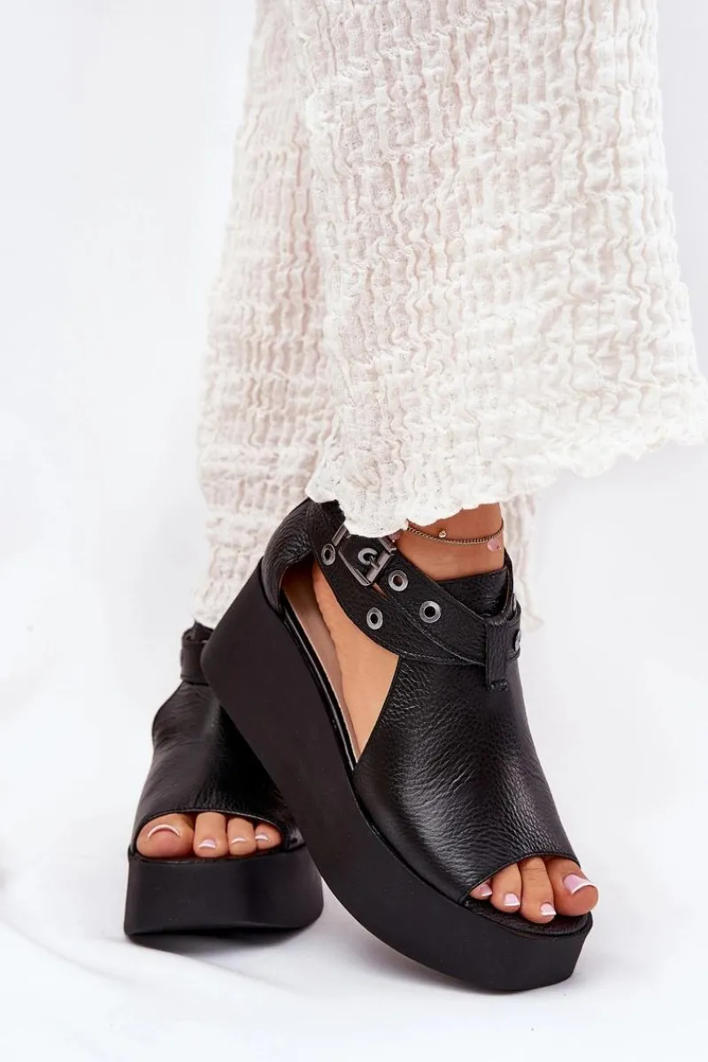 Clearance Skórzane Sandały Na Koturnie 1732 Czarne Damskie Sandały Z Cholewką|Sandały Na Obcasie