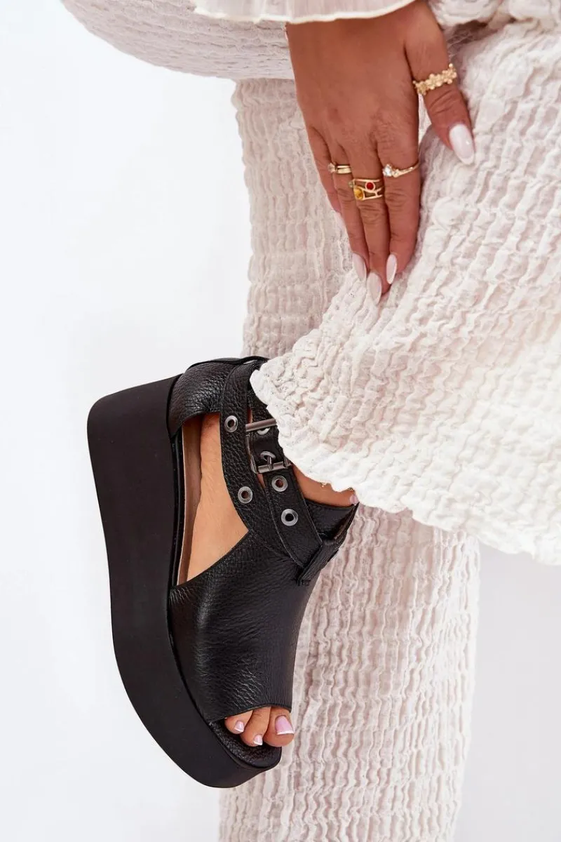 Clearance Skórzane Sandały Na Koturnie 1732 Czarne Damskie Sandały Z Cholewką|Sandały Na Obcasie