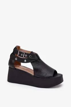 Clearance Skórzane Sandały Na Koturnie 1732 Czarne Damskie Sandały Z Cholewką|Sandały Na Obcasie