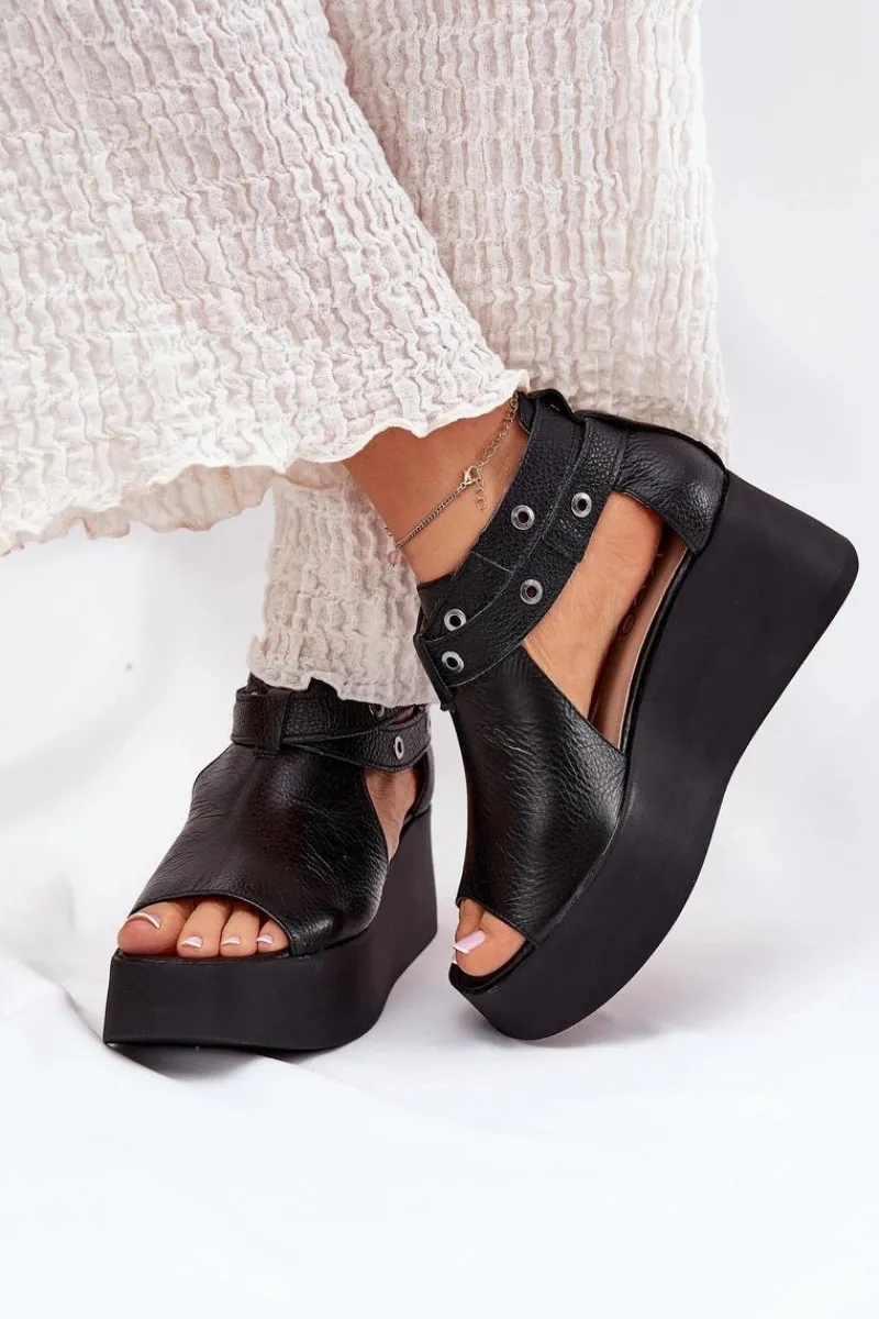 Clearance Skórzane Sandały Na Koturnie 1732 Czarne Damskie Sandały Z Cholewką|Sandały Na Obcasie