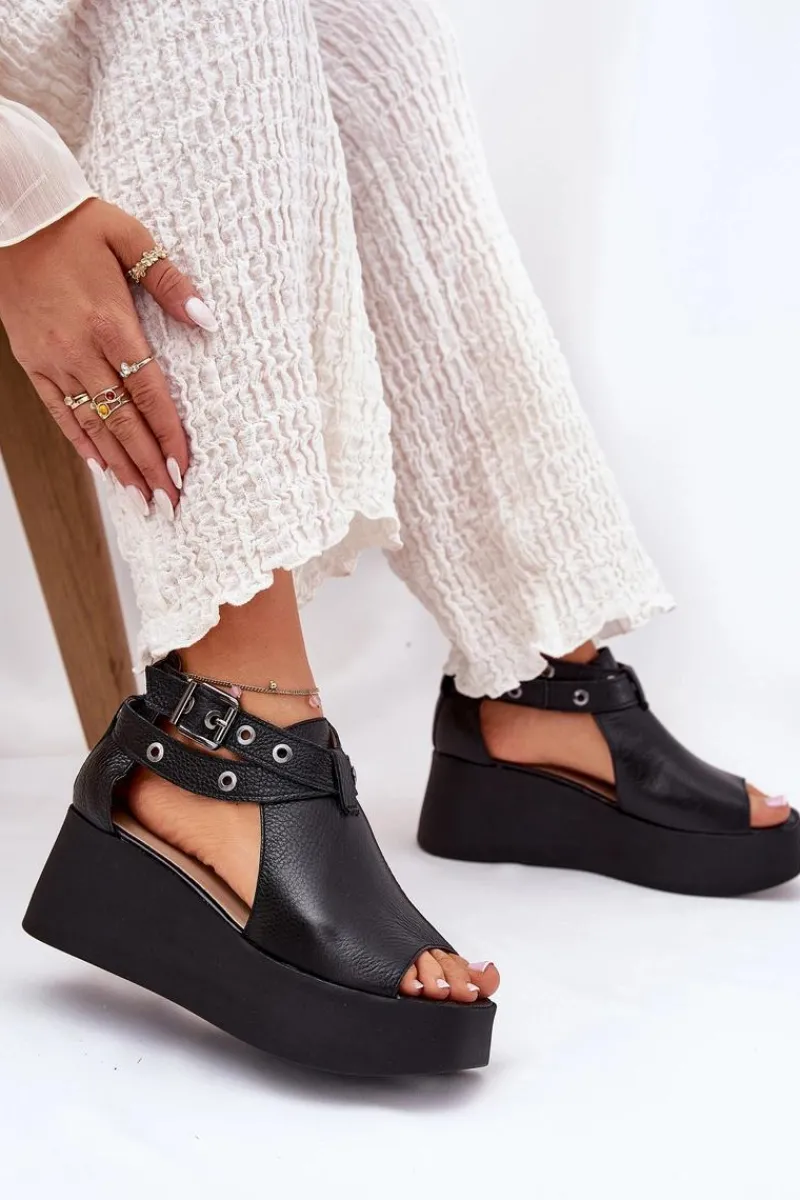 Clearance Skórzane Sandały Na Koturnie 1732 Czarne Damskie Sandały Z Cholewką|Sandały Na Obcasie