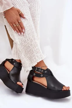 Clearance Skórzane Sandały Na Koturnie 1732 Czarne Damskie Sandały Z Cholewką|Sandały Na Obcasie