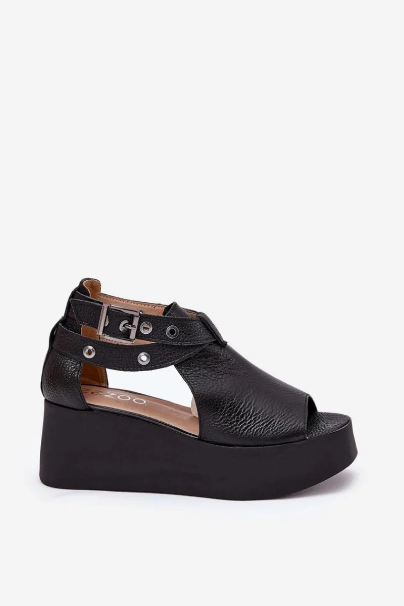 Clearance Skórzane Sandały Na Koturnie 1732 Czarne Damskie Sandały Z Cholewką|Sandały Na Obcasie