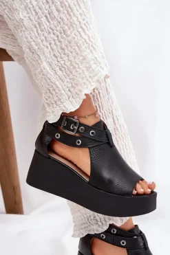 Clearance Skórzane Sandały Na Koturnie 1732 Czarne Damskie Sandały Z Cholewką|Sandały Na Obcasie