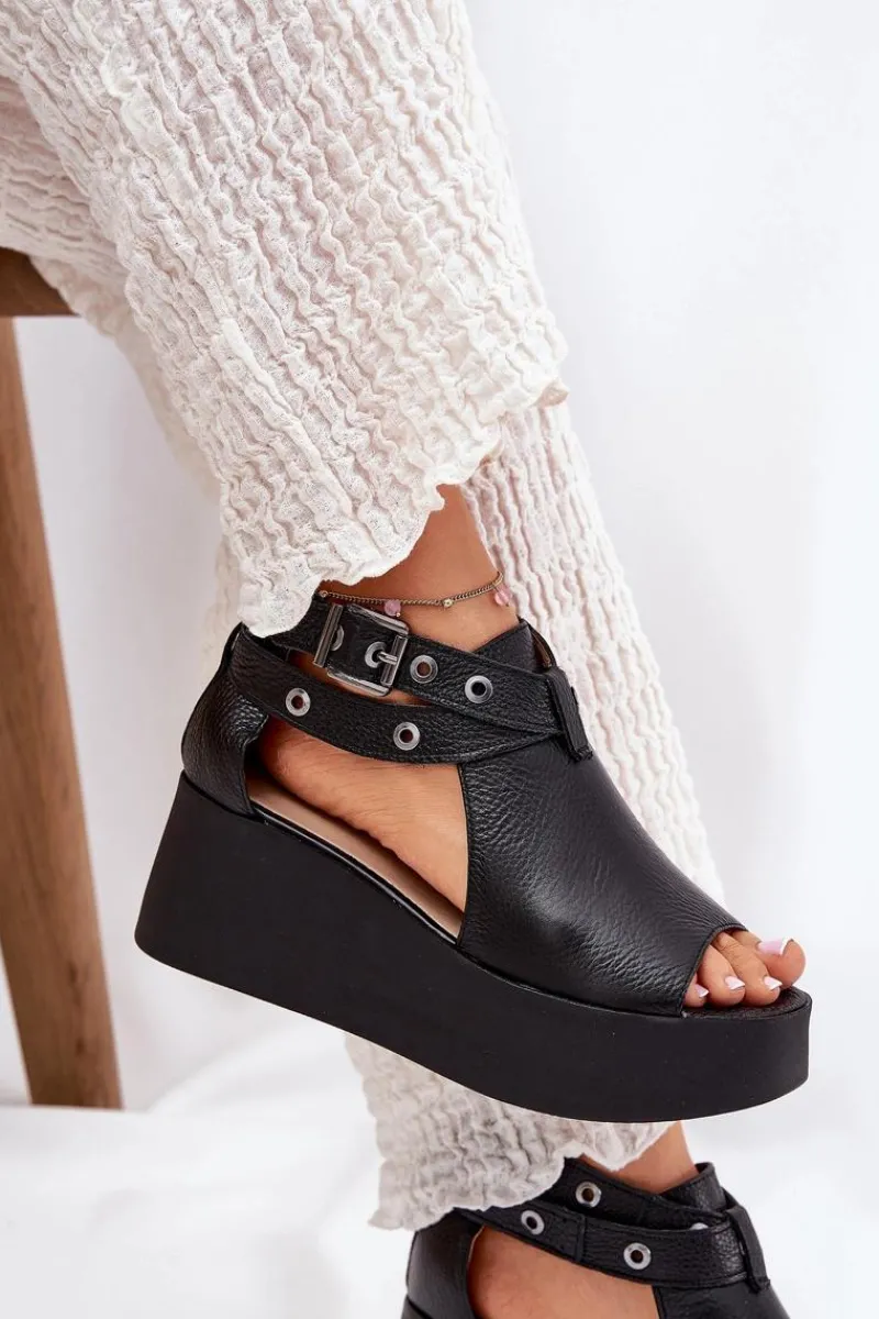 Clearance Skórzane Sandały Na Koturnie 1732 Czarne Damskie Sandały Z Cholewką|Sandały Na Obcasie