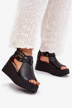 Clearance Skórzane Sandały Na Koturnie 1732 Czarne Damskie Sandały Z Cholewką|Sandały Na Obcasie