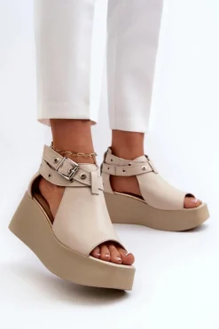 Outlet Zazoo Skórzane Sandały Na Koturnie Beżowe 1732 Beżowy