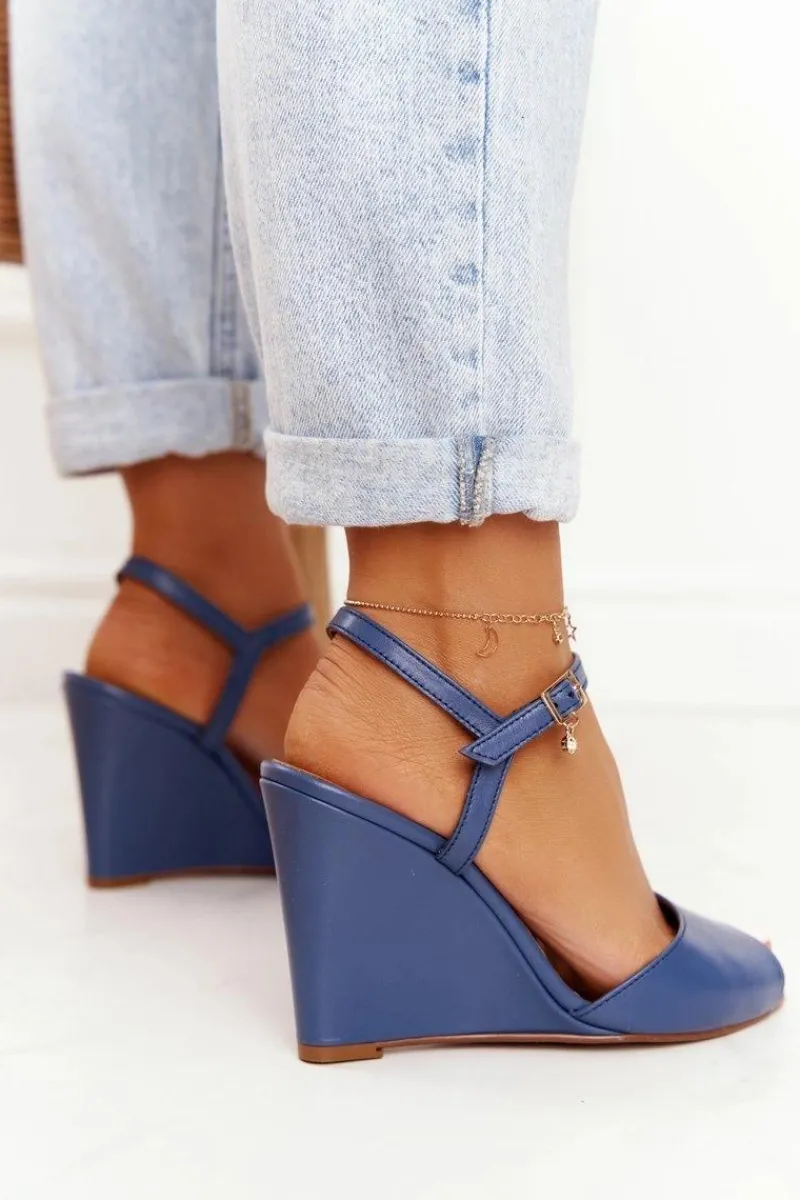 Online Skórzane Sandały Na Koturnie 2253 Granatowe Damskie Sandały Na Koturnie
