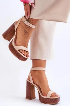 Skórzane Sandały Na Masywnej Platformie Beżowe Marina Damskie Sandały Na Słupku|Sandały Na Obcasie