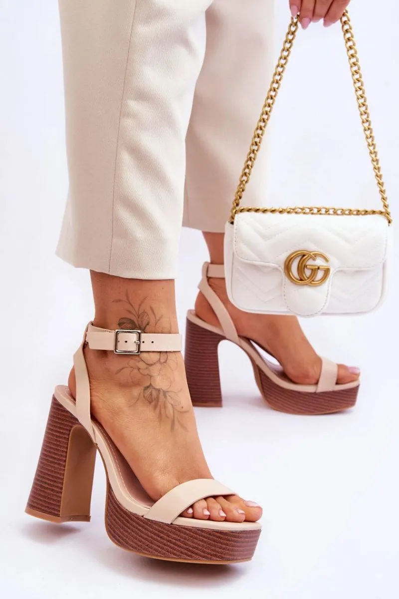 Skórzane Sandały Na Masywnej Platformie Beżowe Marina Damskie Sandały Na Słupku|Sandały Na Obcasie