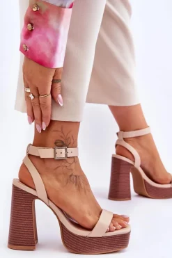 Skórzane Sandały Na Masywnej Platformie Beżowe Marina Damskie Sandały Na Słupku|Sandały Na Obcasie