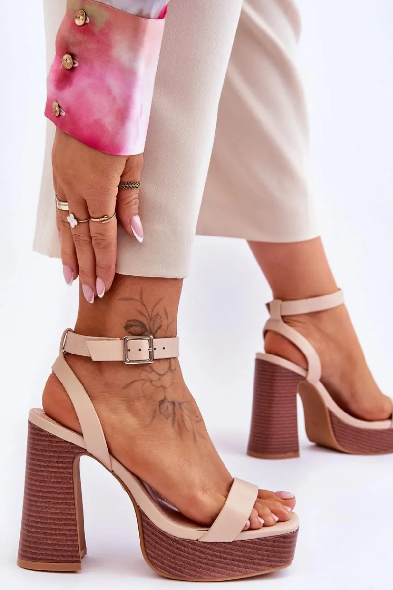 Skórzane Sandały Na Masywnej Platformie Beżowe Marina Damskie Sandały Na Słupku|Sandały Na Obcasie