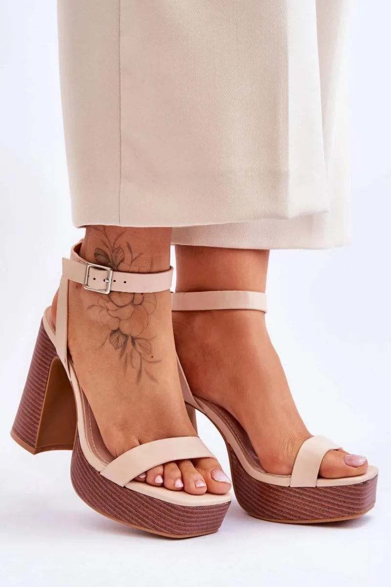 Skórzane Sandały Na Masywnej Platformie Beżowe Marina Damskie Sandały Na Słupku|Sandały Na Obcasie