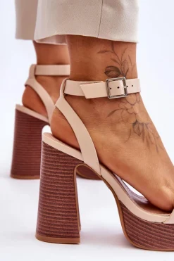 Skórzane Sandały Na Masywnej Platformie Beżowe Marina Damskie Sandały Na Słupku|Sandały Na Obcasie