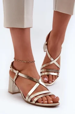 Clearance Maciejka Skórzane Sandały Na Niskim Słupku 06653-25 Złote Złoty