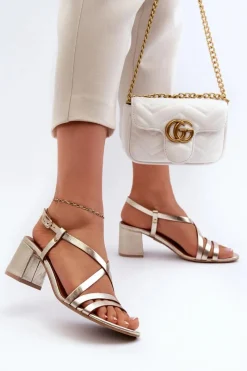 Clearance Maciejka Skórzane Sandały Na Niskim Słupku 06653-25 Złote Złoty