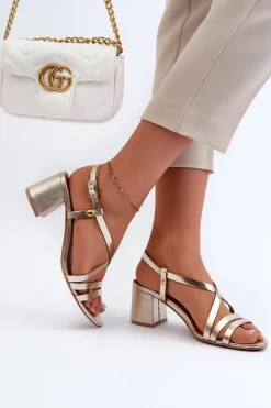 Clearance Maciejka Skórzane Sandały Na Niskim Słupku 06653-25 Złote Złoty