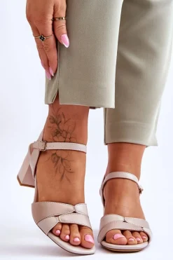 Best Skórzane Sandały Na Niskim Obcasie Sergio Leone SK898 Beżowe Damskie Sandały Na Obcasie