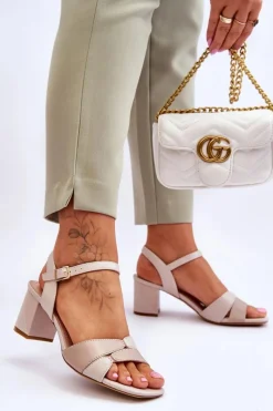 Best Skórzane Sandały Na Niskim Obcasie Sergio Leone SK898 Beżowe Damskie Sandały Na Obcasie