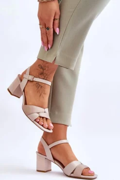 Best Skórzane Sandały Na Niskim Obcasie Sergio Leone SK898 Beżowe Damskie Sandały Na Obcasie