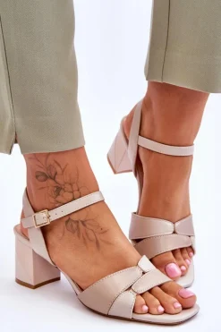 Best Skórzane Sandały Na Niskim Obcasie Sergio Leone SK898 Beżowe Damskie Sandały Na Obcasie