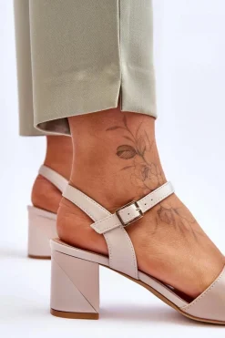 Best Skórzane Sandały Na Niskim Obcasie Sergio Leone SK898 Beżowe Damskie Sandały Na Obcasie