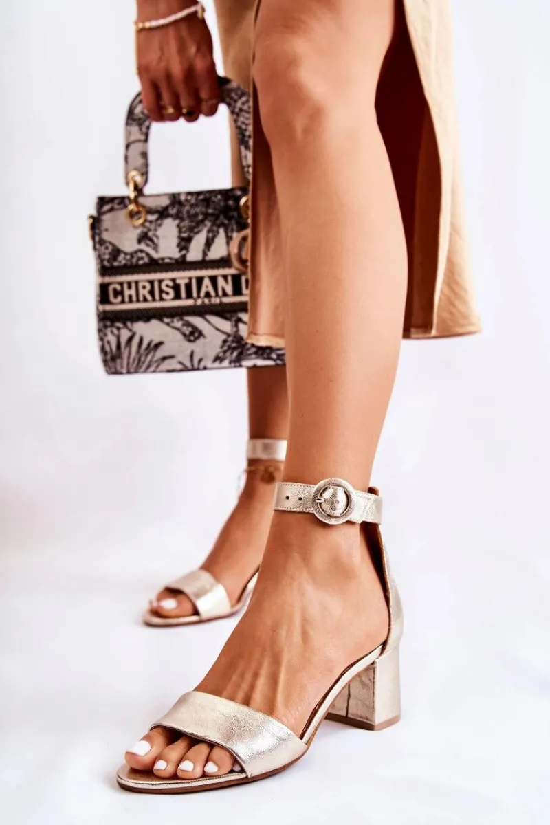 Best Skórzane Sandały Na Obcasie 04141-42 Złote Damskie Sandały Na Obcasie