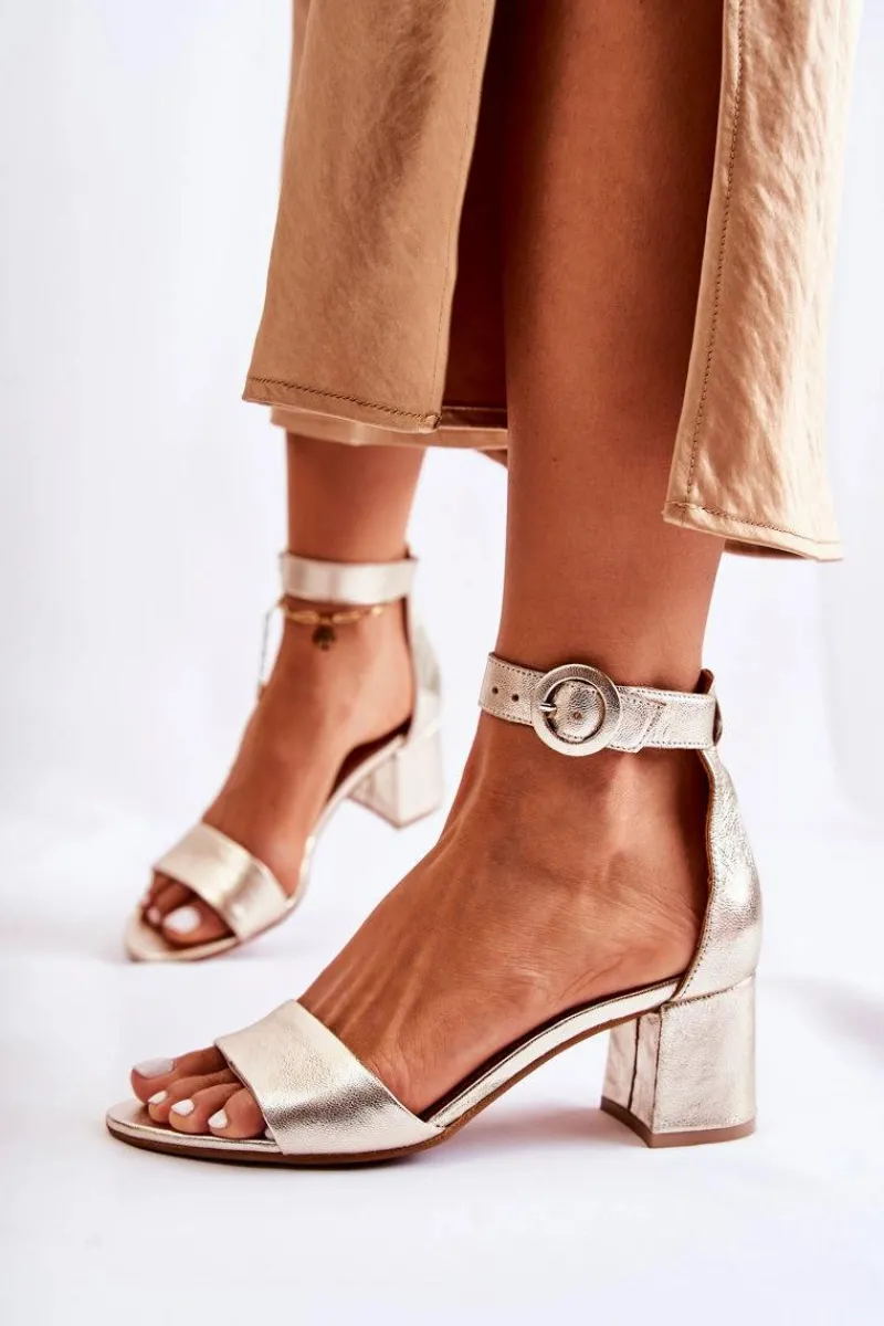 Best Skórzane Sandały Na Obcasie 04141-42 Złote Damskie Sandały Na Obcasie